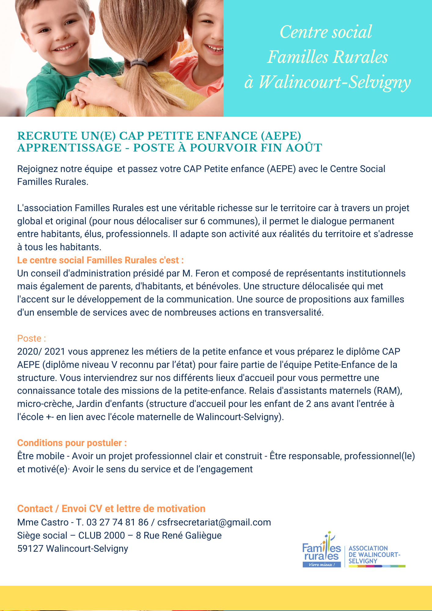 Centre social Familles Rurales à Walincourt-Selvigny recrute un(e) CAP Petite enfance (AEPE)