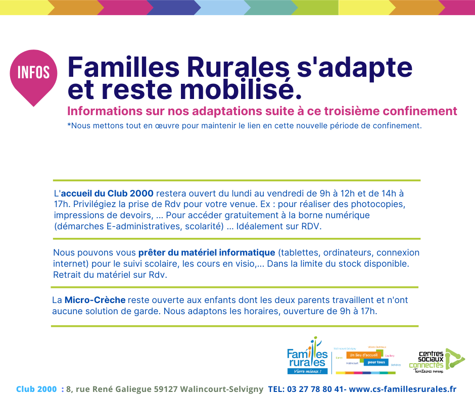 Familles Rurales s'adapte et reste mobilisé. Informations sur nos adaptations suite à ce troisième confinement (1)